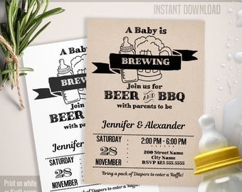 Baby is Brewing invitation, Beer and BBQ templates, Baby Shower invite, Instant download self editable PDF B103