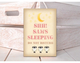 SHH! SLEEPING: PERSONALISED Hanging Custom-Made Door Plaque in Wood or Metal