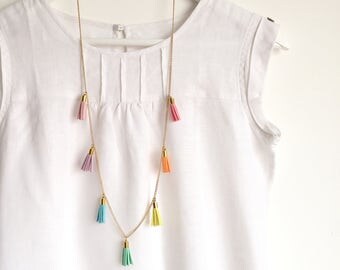 PASTEL RAINBOW Tassel Necklace - Colourful Long Necklace with 7 Tassels