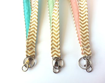 Chevron Lanyard, Key Lanyard, Chevron ID Holder, Cute Lanyard, Teen Girl Gift, Metallic Chevron, Gold and Mint