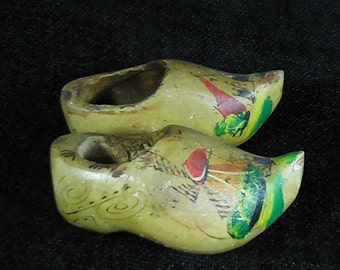 Vintage Miniature Wooden Dutch Shoes, Hand Painted Dutch Clogs, Hand Carved Rustic Wood Clogs, Souvenir of Holland