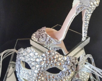 Masquerade Mask and matching Stilletto High Heel Cake Topper (Will Customize colors)