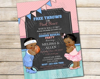 Personalized Free Throws or Pink Bows Gender Reveal Party Invitations 5x7 or 4x6 - Digital File or Printed Copies - Basketball - Pink Blue