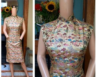 Vintage Cheongsam 50s Gold Metallic Wiggle Embroidered Metal Zip Silk Dress S M
