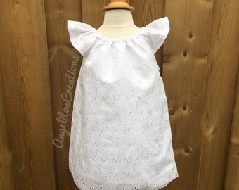 White Baby Dress and bloomer 2pcs, Toddler Flutter Sleeves Dress, Christening Dress, Baptism Dress, Flower Girl Dress, White Eyelet dress