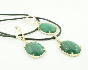 Malachite necklace-Malachite earrings -Malachite pendant-Malachite set-Diamond Pendant 0.20 ct-Birthday present-Anniversary gift