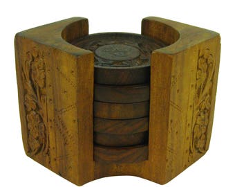 Vintage Set of 6 India Carved Wood Round Coasters and Holder Set, Hand Carved Wooden Floral Beverage Drink Coasters, Mid Century Barware