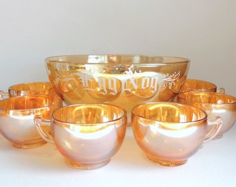 Vintage Egg Nog Bowl and Cups, Jeannette Marigold Camelia Egg Nog Set, Peach Carnival Glass Bowl and 6 Tea Cups, Christmas Eggnog Punch Bowl