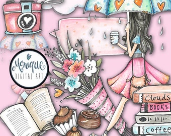 Rainy Day Clipart, hand painted, umbrella, books, coffee, chocolate, Printable clip art, planner stickers, planner girl,
