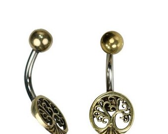 Belly button piercing brass stainless steel antique golden silver tree of life round (No. BNP-183)