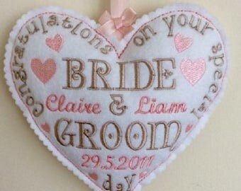 Bride and Groom Heart Stuffy, ITH, Embroidery Design. Wedding Day Keepsake for 5x7" hoop. This is a design file only not a ready made item.