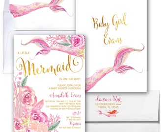 Mermaid Baby Shower Invitation // Under the Sea Invitation // Watercolor // Gold // Floral // Girls // Pink // QUEENSLAND COLLECTION