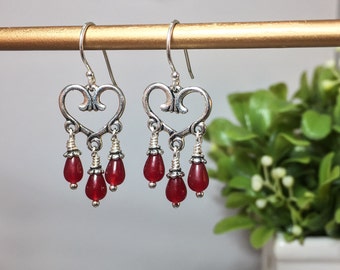 Items similar to Handmade Silver Hoop Earrings with Ruby Hearts by ...