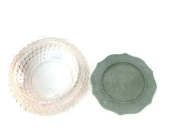 Glass Powder Jar Green Celluloid Decorative Cover | Bakelite Heisey Glass