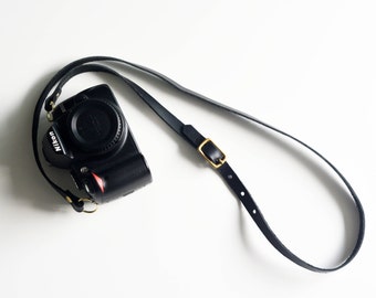 Slim leather camera strap / adjustable camera strap - adjustable (Black)