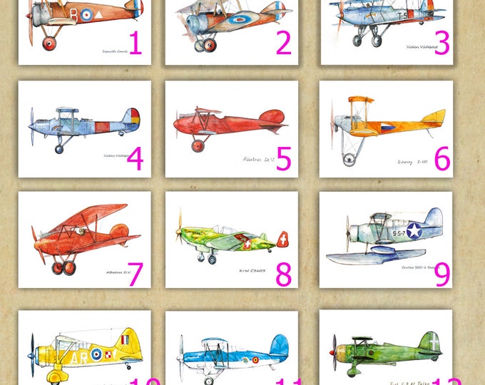 Airplane print Set ANY 4 prints Military aircraft Watercolor Poster Boy's art Vintage airplane painting Baby boy nursery wall art