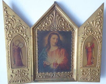 French Religious Icon Triptych Jesus Sacred Heart