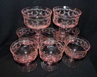 6 +4 Tiffin Glass Pink Depression Glass Needle Etched Rick Rack Loop Sherbets