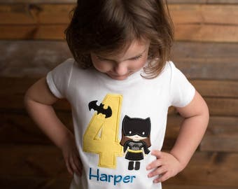 Girls Batgirl Birthday Shirt, Superhero Birthday Shirt, Superhero Theme Birthday, Batman, Embroidered Applique Shirt or Bodysuit