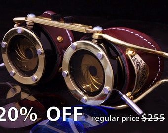 Steampunk Goggles Dual Iris aperture Victorian Goth Brass Brown LARP Cosplay Engraved