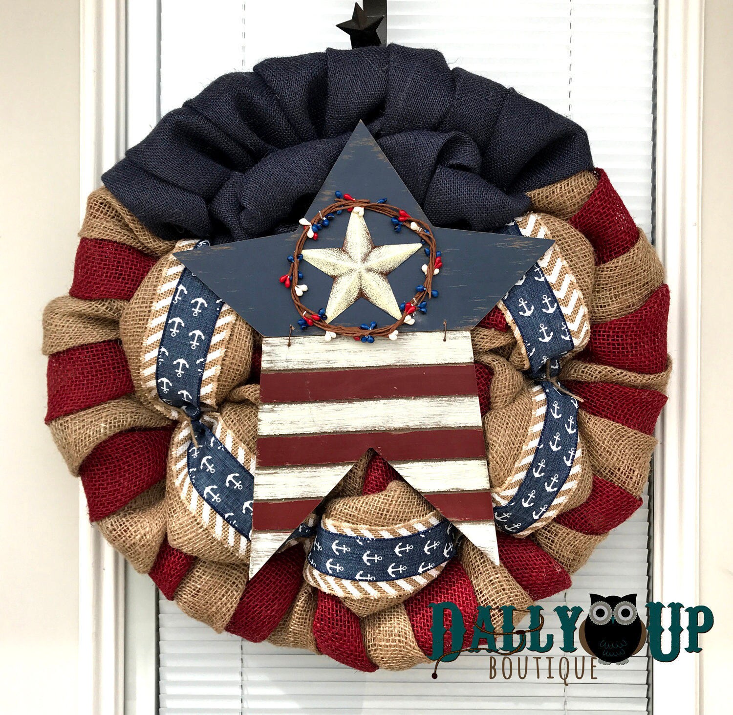 America Flag Wreath - Burlap Wreath - 4th of July - White Chevron, Maroon, Natural and Blue Burlap -  Fourth of July  - America Wreath Decor