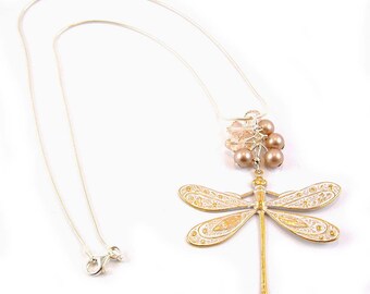 White Gold Patina Dragonfly Pendant Necklace Sterling silver Chain