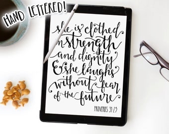 She Is Clothed In Strength and Dignity Proverbs 31 SVG Cut File, Hand Lettered, Silhouette, Cricut, Calligraphy Cutting File, DIY Sign
