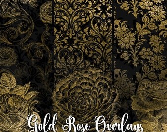 Gold Rose Overlays, rose clipart, floral clip art png overlay graphics, damask rose patterns, vintage rose gold foil patterns download