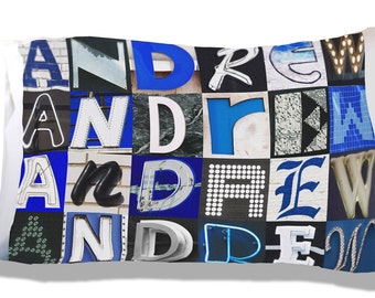 Personalized Pillow Case featuring ANDREW in BLUE sign letters; Custom pillow cases; Teen bedroom decor; Cool pillowcase; Bedding