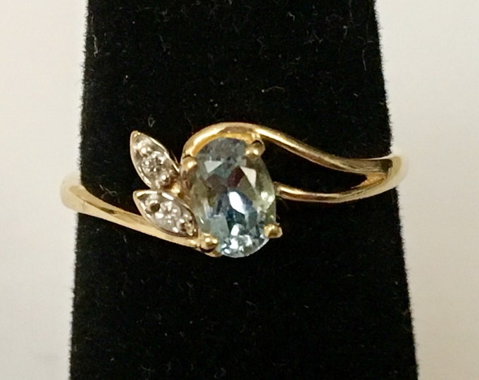 Storewide 25% Off SALE Vintage 10k Yellow Gold Faceted Aquamarine Designer Cocktail Ring Featuring Double Diamond Accents