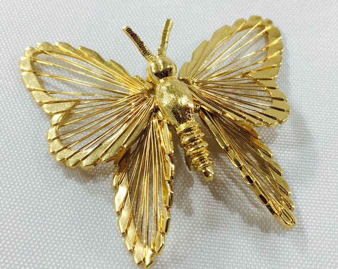 Storewide 25% Off SALE Vintage Gold Tone Monet Open Winged Butterfly Brooch Pin Featuring Elegant High Gloss Finish