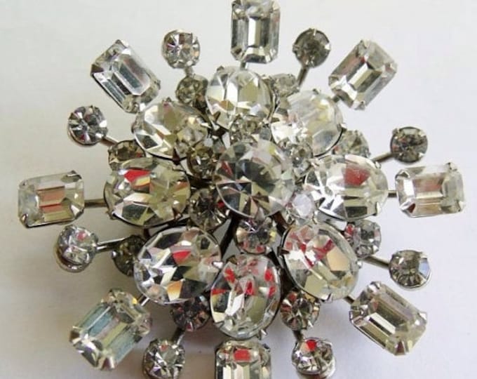 Storewide 25% Off SALE Vintage Diamond Inspired Rhinestone Starburst Oversized Ladies Brooch Featuring Unique Oval and Baguette Prong Set St