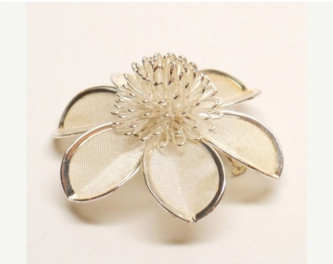 Storewide 25% Off SALE Vintage Multi-Dimensional Silver Tone Metal Flower Brooch Featuring Heavy Fine Screen Petals with Platinum Style Sett