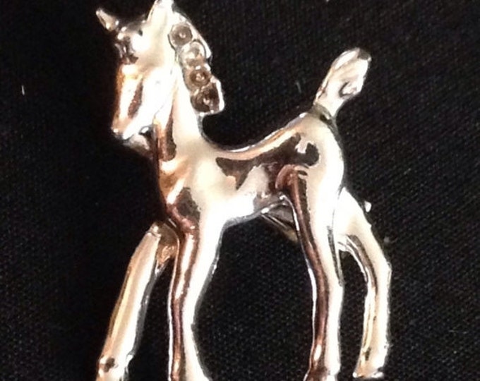 Storewide 25% Off SALE Vintage Silver Tone Baby Unicorn Style Designer Animal Brooch Pin Featuring Elegant Reflective Detail With Raised Fin
