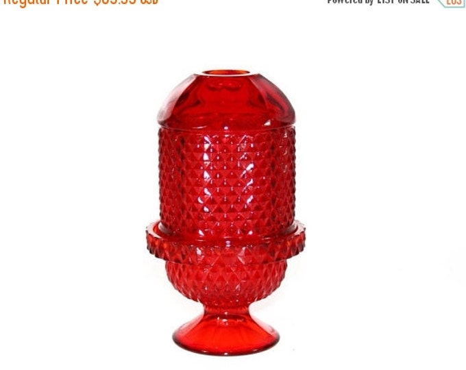 Storewide 25% Off SALE Vintage Viking Diamond Point Pedestal Art Glass Votive Fairy Lamp Featuring Elegant Fire Engine Deep Red Finish