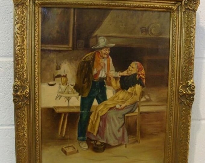 Storewide 25% Off SALE Original Oil on Canvas of Old European Husband Surprising His Wife With Jewelry Complete With Intricate Gold Gilt Woo