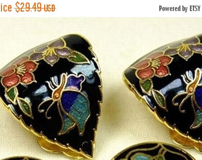 Storewide 25% Off SALE Vintage pair of gold-tone and enamel clip earrings, this pair features enamel floral design on black background