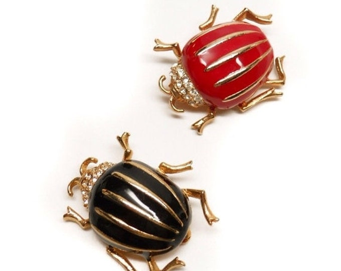 Storewide 25% Off SALE Vintage Red And Black Glazed Enamel Gold Tone Beetle Designer Brooch Set Featuring Rhinestone Design Accents