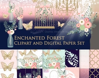 20% off Enchanted Forest / Butterfly / Antique Bird Cage / Chandelier Clip Art + Digital Paper Set - Instant Download