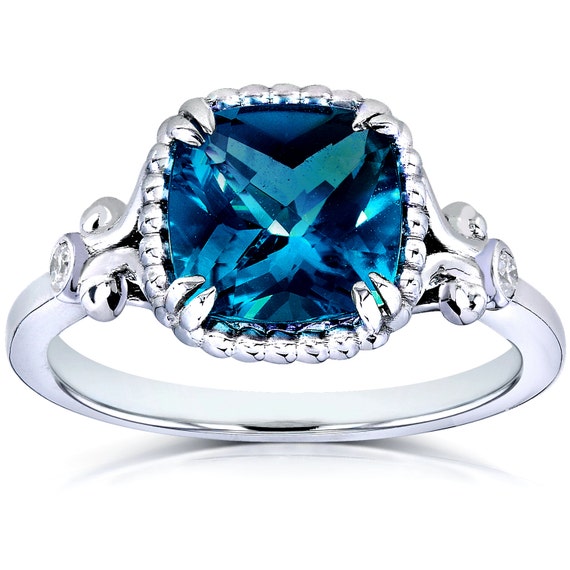 Cushioncut London Blue Topaz Diamond Accent Ring in 14k White