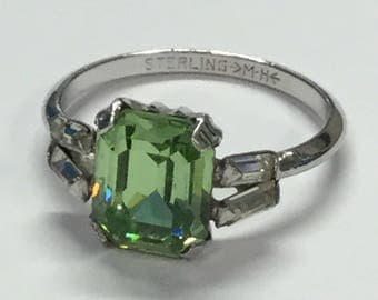 Vintage Art Deco Sterling Ring Hallmarked M-H With Peridot Colored Large Rhinestone