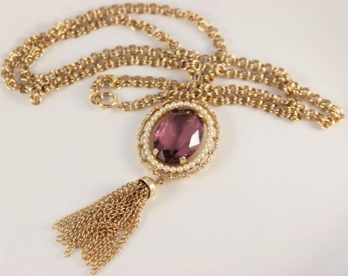 Gold Tassel Necklace Vintage Victorian Necklace Amethyst Large Purple Stone Pendant Seed Pearls Old Necklace Wedding Mother Of Bride Gift