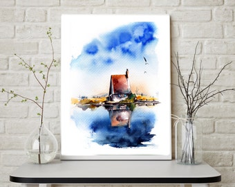 Fine Art Print, Geclee print, Country House, Blue Lake Water and Blue Sky, Art Print from watercolor painting, Landscape Wall art