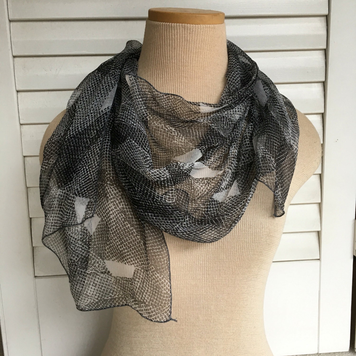 Snakeskin 1970s silk scarf/sheer long grey black white vintage