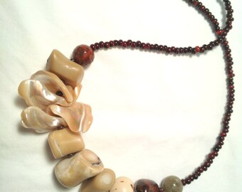 Earthy Primitive Necklace Stone Coral Shell Tagua Nut Eco Tribal Exotic Ethnic Choker Minimal Natural