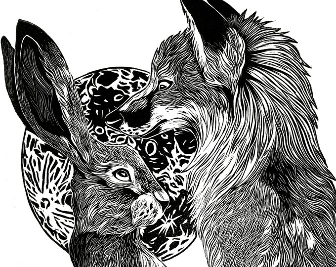 Fox & Hare - A2 Illustration Linocut Relief Print, Rabbit, Moon, Nature, Folklore