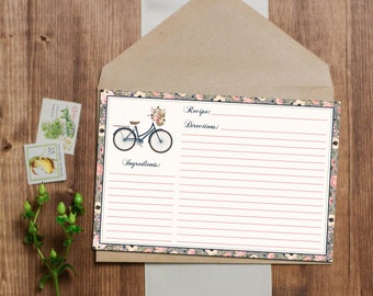 SALE 25% OFF Shabby Chic French Floral Bicycle Recipe Cards - Instant Download - 3x5 and 4x6