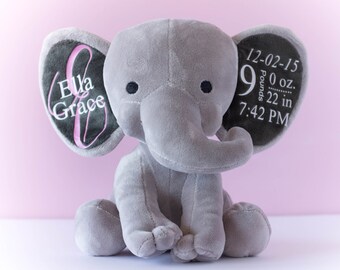 Birth Stat Elephant, Birth Stat Animal, Birth Stat Gift, Stuffed Elephant, Baby Shower Gift, Baby Girl Gift, Baby Boy Gift, Personalized