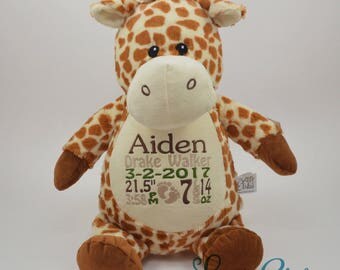 Personalized Giraffe, Birth Stats Animal, Birth Stats Giraffe, Embroidered Stuffed Animal, Birth Announcement, Embroidered Animal, Giraffe