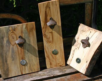Live edge slab wall mount bottle opener with magnet